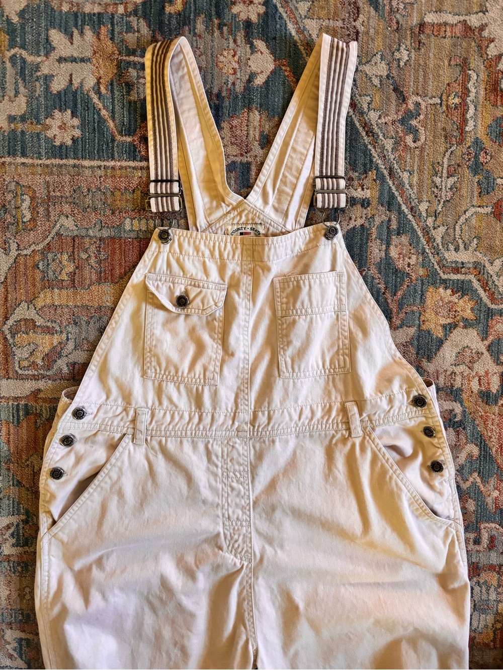 Vintage Beige Cotton Women's Overalls Size L, 29” inseam